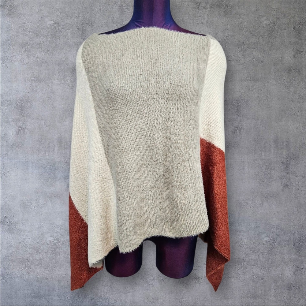 Cato Est 1946 Cream Rust Color Block Cozy Knit Poncho Sweater One Size Boat Neck
